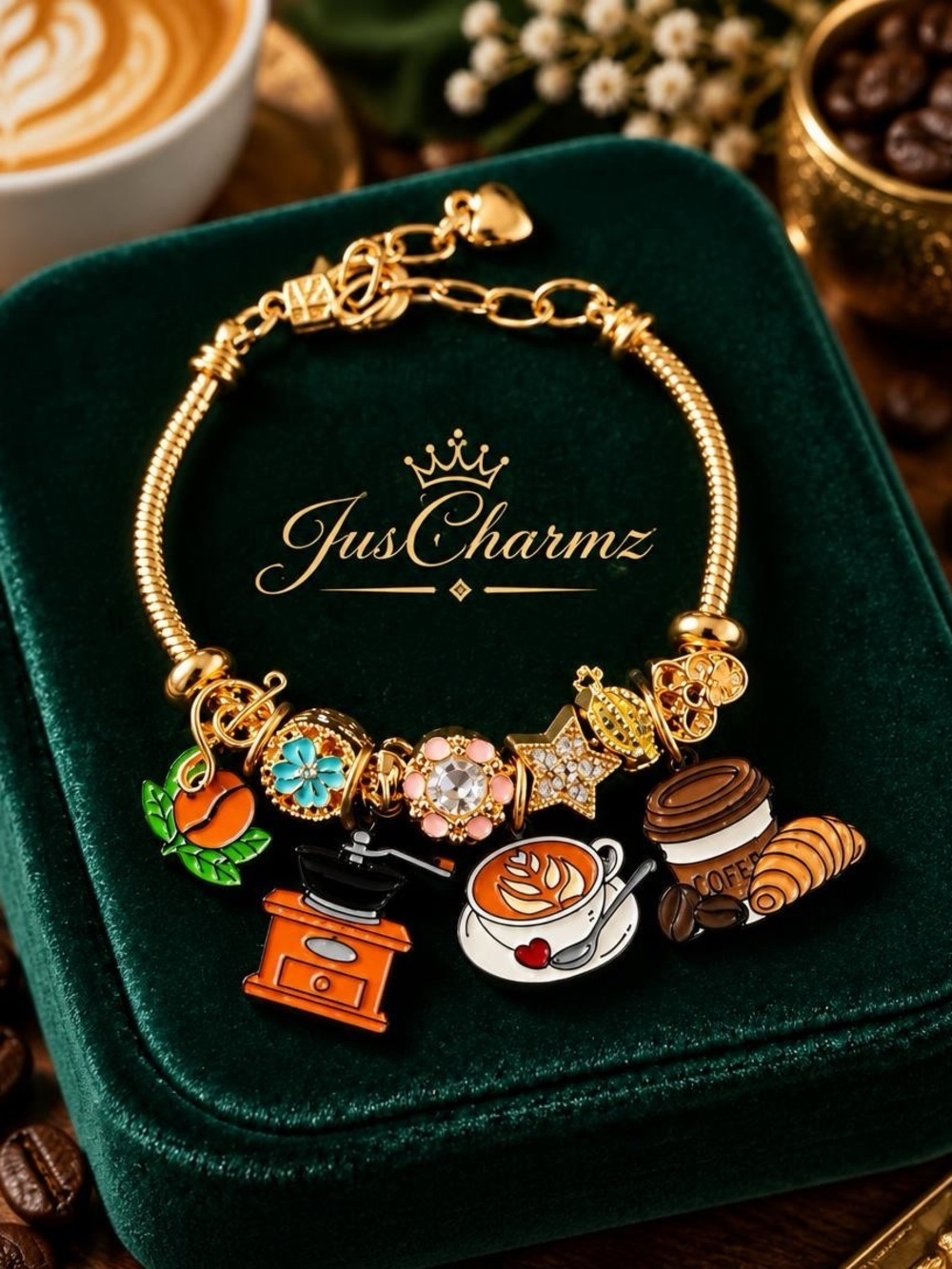 Coffee Lover Latte & Croissant Charm Bracelet